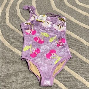 Purple Kids Swim Flip Sequin One Piece with Cherry Design